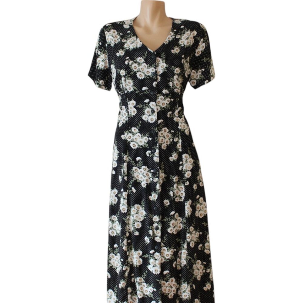 Vintage Black Maxi Dress with White Floral Print and Green Leaves - Picture 4 of 8
